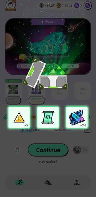 A mobile game interface displays a rewards screen with a "Continue" button and three highlighted items: x2 yellow triangles, a green scroll icon, and x20 blue gems, shown against a space background featuring a "Walker" NFT character at Lv 0 with stats like "Efficiency +30, Luck +25, Comfort +2." The image relates to the STEPN post by showcasing an Uncommon Minting scroll reward, aligning with the Polygon MB lvl 4 sneaker reveal described in the caption.