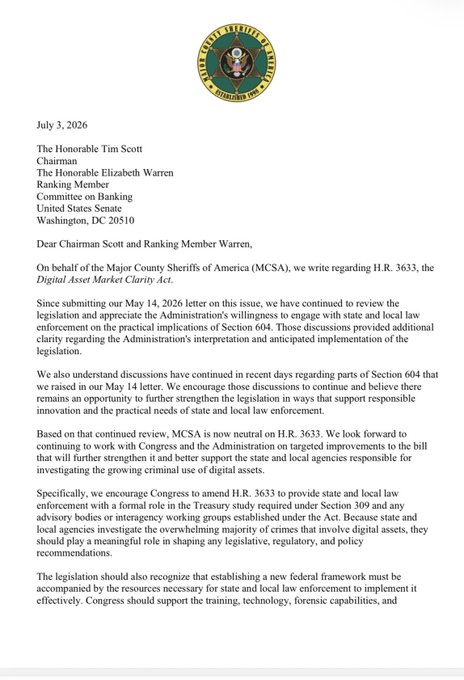 The image shows an official letter dated July 3, 2026, on Major County Sheriffs of America (MCSA) letterhead, addressed to Chairman Tim Scott and Ranking Member Elizabeth Warren of the Senate Banking Committee, expressing continued support for H.R. 3633, the Digital Asset Market Clarity Act (CLARITY Act), following engagement with state and local law enforcement on Section 604's implementation.