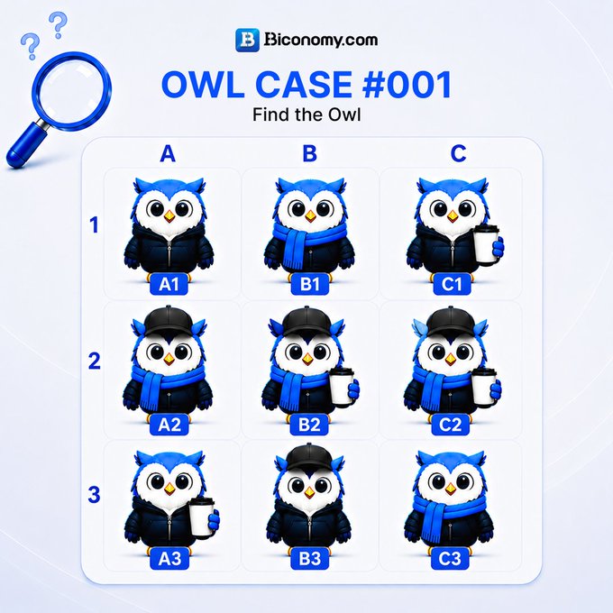 A "Find the Owl" puzzle from Biconomy.com (Owl Case #001), showing a 3x3 grid of cartoon owls labeled A1-C3 with variations in scarves, caps, and coffee cups.