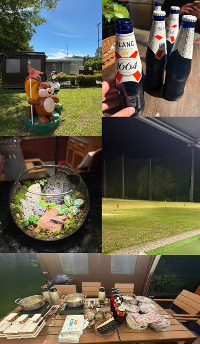 A collage showing a garden with a bear statue playing golf, bottles of Blanc 1664 beer, a terrarium in a glass bowl, a golf driving range at night, and an outdoor dining table with cooking pots and food.