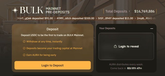 A screenshot of a desktop computer's screen displaying information about bulk deposits, including a summary of the deposit amounts and total volumes. The image also shows text that reads "Bulk Pre Deposits  @bulktrade have reached $16.77 Million!. Early participants earn both mainnet trading capital and AURA rewards with their USDC. @solana".