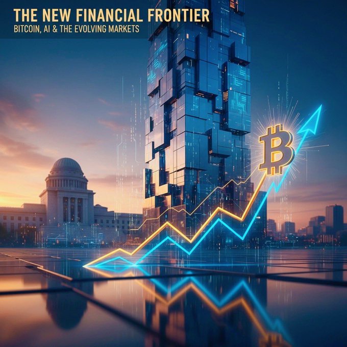A futuristic financial graphic titled 'THE NEW FINANCIAL FRONTIER - BITCOIN, AI & THE EVOLVING MARKETS' showing a Bitcoin symbol with rising orange and blue line graphs against a towering digital skyscraper and a domed building at sunset.
