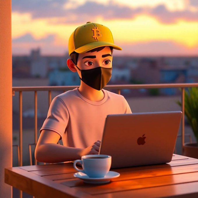 A 3D-rendered illustration of a young man wearing a yellow Bitcoin cap and black face mask, working on an Apple MacBook laptop on a balcony at sunset with a coffee cup beside him.