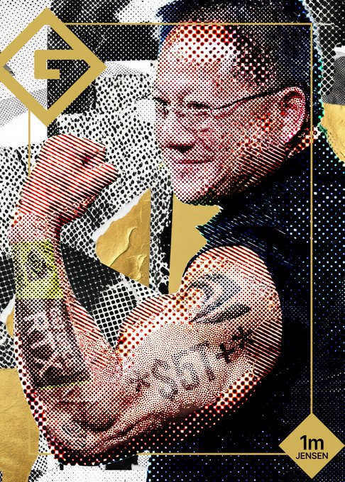 A stylized pop-art style graphic featuring a man in glasses, heavily textured with halftone dots and gold geometric accents, with the text '1m JENSEN' in the corner.