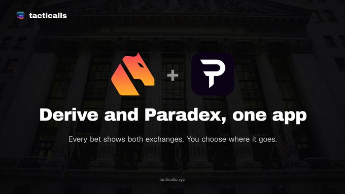 A promotional graphic for 'tacticalls' announcing 'Derive and Paradex, one app,' showing logos for both exchanges and the tagline 'Every bet shows both exchanges. You choose where it goes,' over an image of the New York Stock Exchange facade.