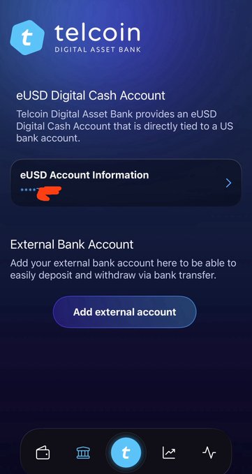 Mobile app screenshot of Telcoin Digital Asset Bank's eUSD Digital Cash Account feature, with the tagline 'Telcoin Digital Asset Bank provides an eUSD Digital Cash Account that is directly tied to a US bank account' and an option to add an external bank account.