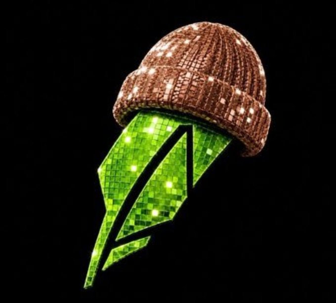 An illustration of a disco-ball textured green leaf wears a knitted pink beanie against a black background.