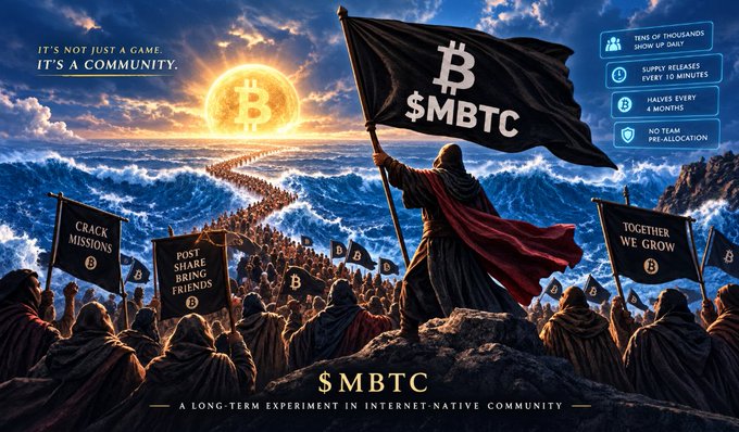 A dramatic promotional poster for "$MBTC" portrays a cloaked figure raising a flag resembling Bitcoin's logo, with text describing it as "A Long-Term Experiment in Internet-Native Community."