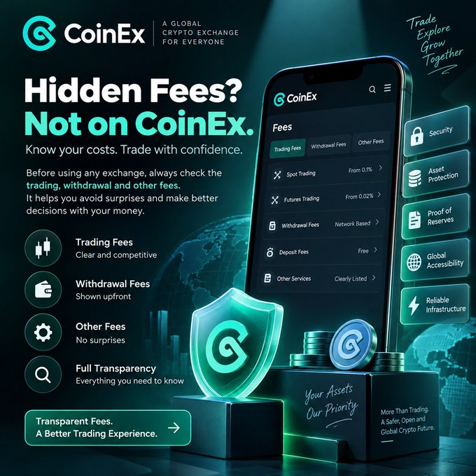 A CoinEx promotional graphic titled "Hidden Fees? Not on CoinEx" showcases their transparent fee structure, highlighting trading fees from 0.1%, futures trading from 0.02%, and zero deposit fees, alongside trust features like security, asset protection, and proof of reserves. The image reinforces the post's emphasis on looking beyond advertised trading fees to evaluate the full cost of an exchange, aligning with CoinEx's tagline "A Global Crypto Exchange for Everyone" and its message of "Your Assets, Our Priority."