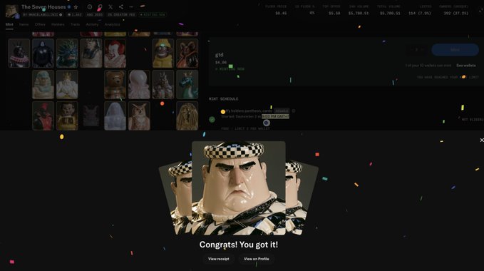 A screenshot of an NFT marketplace called 'The Sewer Houses' shows a pop-up notification saying 'Congrats! You got it!' after purchasing an item from the gta collection.