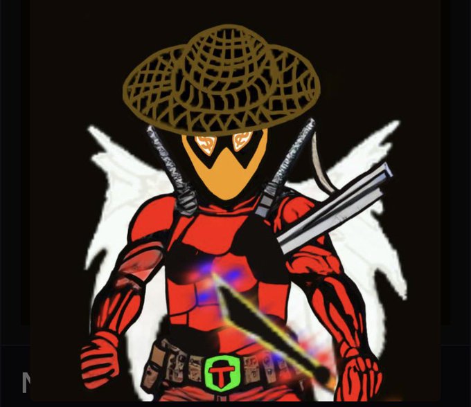 An illustrated character in a red suit wearing a wireframe cowboy hat and an orange face mask, wielding two guns, with a Termix logo at the waist.