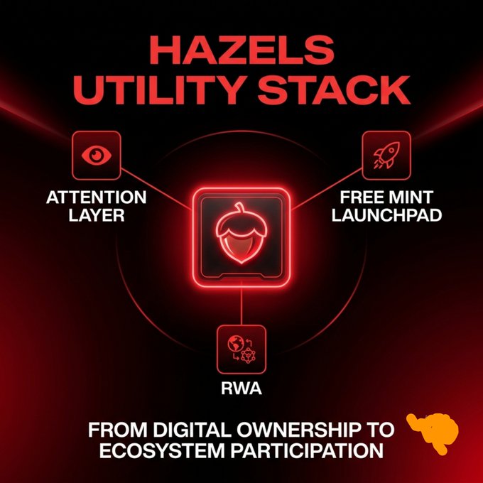 A red neon-styled infographic titled 'HAZELS UTILITY STACK' showing three layers: ATTENTION LAYER, FREE MINT LAUNCHPAD, and RWA.