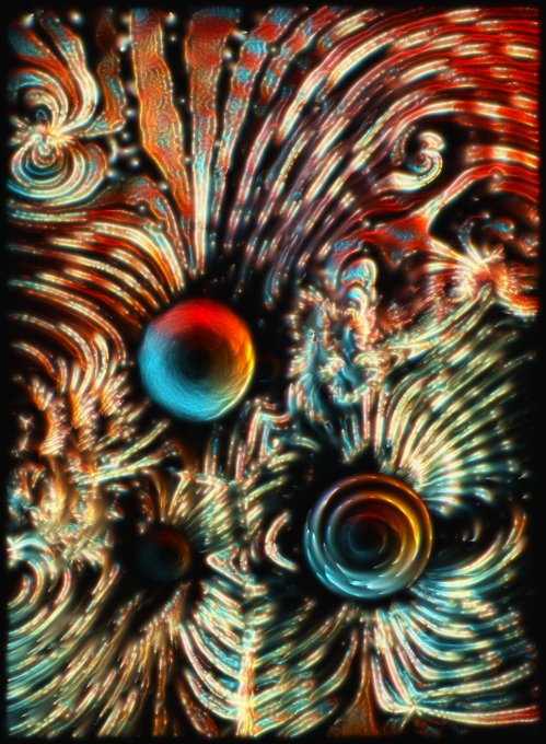 A vibrant, psychedelic fractal artwork featuring swirling patterns in red, orange, and teal, with spherical orbs and intricate feathery textures radiating across the composition.