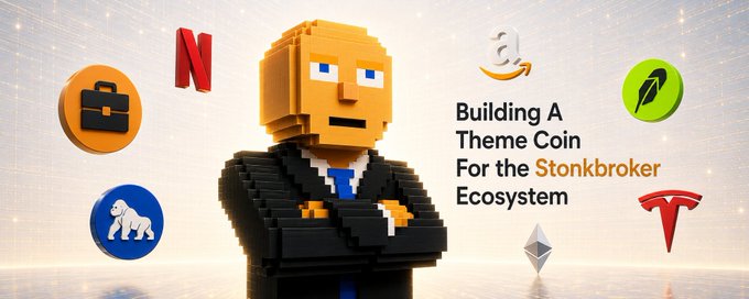 A blocky pixel-art businessman floats amid icons representing various brands and cryptocurrencies (Netflix, Tesla, Amazon, Ethereum, Evernote, gorilla, quill, briefcase), promoting text reading "Building A Theme Coin For the Stonkbroker Ecosystem."

The image visually represents the $CLOCKIN post's thesis about building a "brand first" ecosystem, using the stoic suited character and diverse app/crypto icons to suggest a unified brand-coin concept for the Stonkbroker ecosystem.