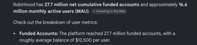 This image shows Robinhood has 27.7 million funded accounts and 16.6 million MAU, illustrating its significant user base which the accompanying post argues makes it a bigger player than Base in the crypto space, especially with potential for on-chain trading integration.