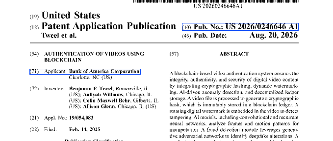 A United States Patent Application Publication document from Bank of America Corporation titled 'AUTHENTICATION OF VIDEOS USING BLOCKCHAIN' published Aug. 20, 2026.