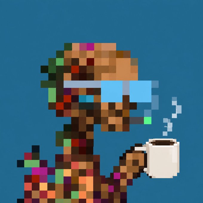 A pixel art illustration shows a figure with pixelated skin and glitchy features holding a white mug with steam rising, set against a solid blue background.