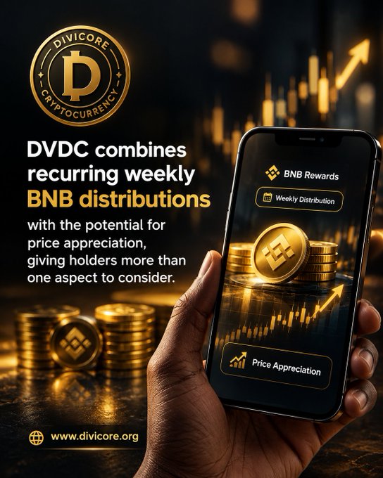A cryptocurrency advertisement for 'DIVICORE' featuring a gold 'D' logo, showing a hand holding a smartphone displaying 'BNB Rewards' and 'Price Appreciation', with text reading 'DVDC combines recurring weekly BNB distributions with the potential for price appreciation' and the website 'www.divicore.org'.