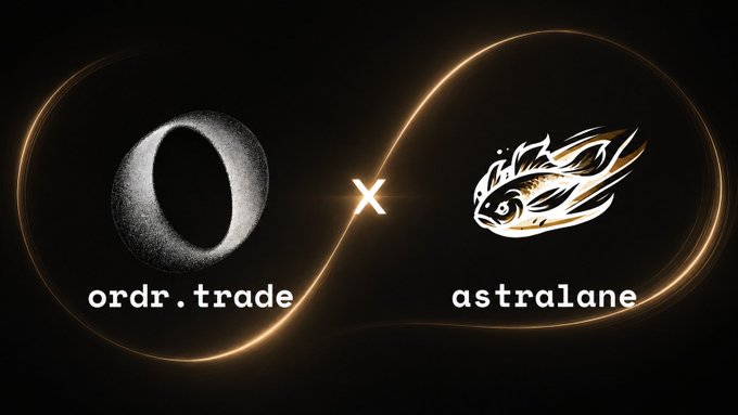 A partnership announcement graphic featuring the logos of "ordr.trade" (depicted as a textured circular "O") and "astralane" (illustrated as a stylized dragon/fish emblem) separated by a multiplication "×" symbol, all connected by glowing golden infinity-like swooshes on a black background—visually reinforcing the "Speed Meets Speed" message of their transaction landing collaboration.