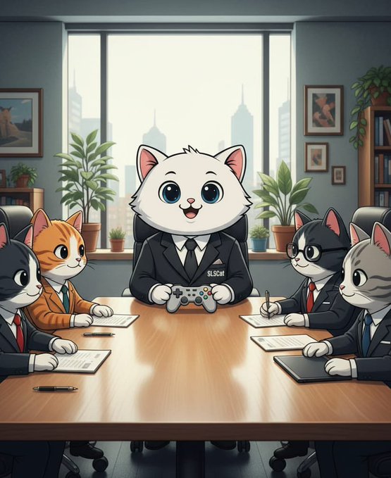 An illustrated scene depicts a cartoon white cat in a suit sitting at the head of a conference table holding a game controller, surrounded by other cats in business attire in a modern office.