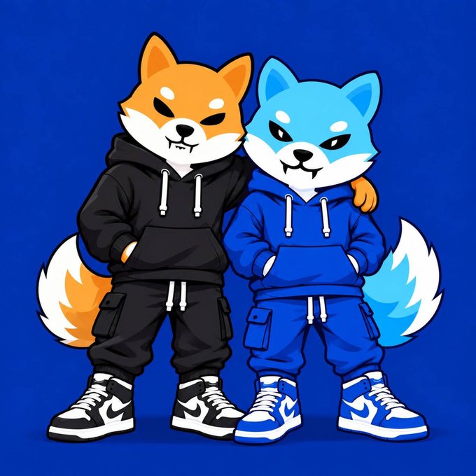 A cartoon illustration shows two anthropomorphic Shiba Inu dogs standing side by side against a blue background, one wearing a black hoodie and the other a blue hoodie, both with matching sneakers.