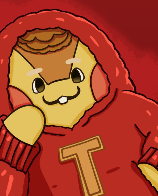 A cute cartoon character with brown hair, peeking out from a red hooded sweater featuring a prominent gold "T" on the chest, grinning playfully while resting their chin on one hand. The illustration serves as a design mockup for the character "Tripp."
