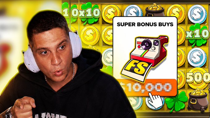 A YouTube thumbnail featuring a man with white headphones looking surprised next to a graphic for 'SUPER BONUS BUYS' on a slot machine-themed background with '10,000' and gold coins.