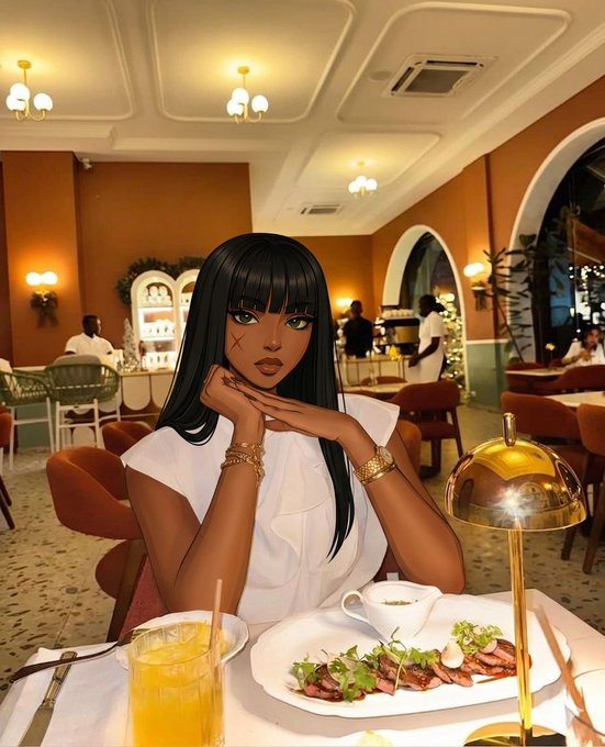 The image features a woman sitting at a table in a restaurant, wearing a white shirt with her hands resting on her lap. The table has various items such as a plate of food, a cup, and a wine glass. There are also other people present in the scene, suggesting that it is a lively dining environment.
