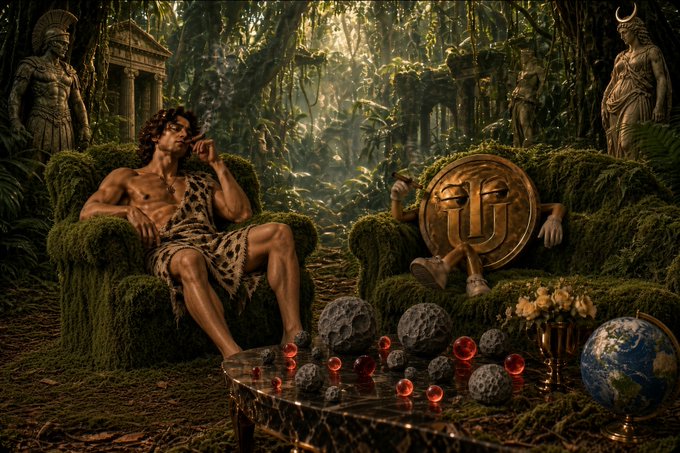 An AI-generated fantasy image depicting a caveman-like figure in leopard print sitting on a mossy throne in an ancient jungle temple, with a golden coin featuring a face and hands visible on an adjacent throne, surrounded by orbs and a small Earth globe.