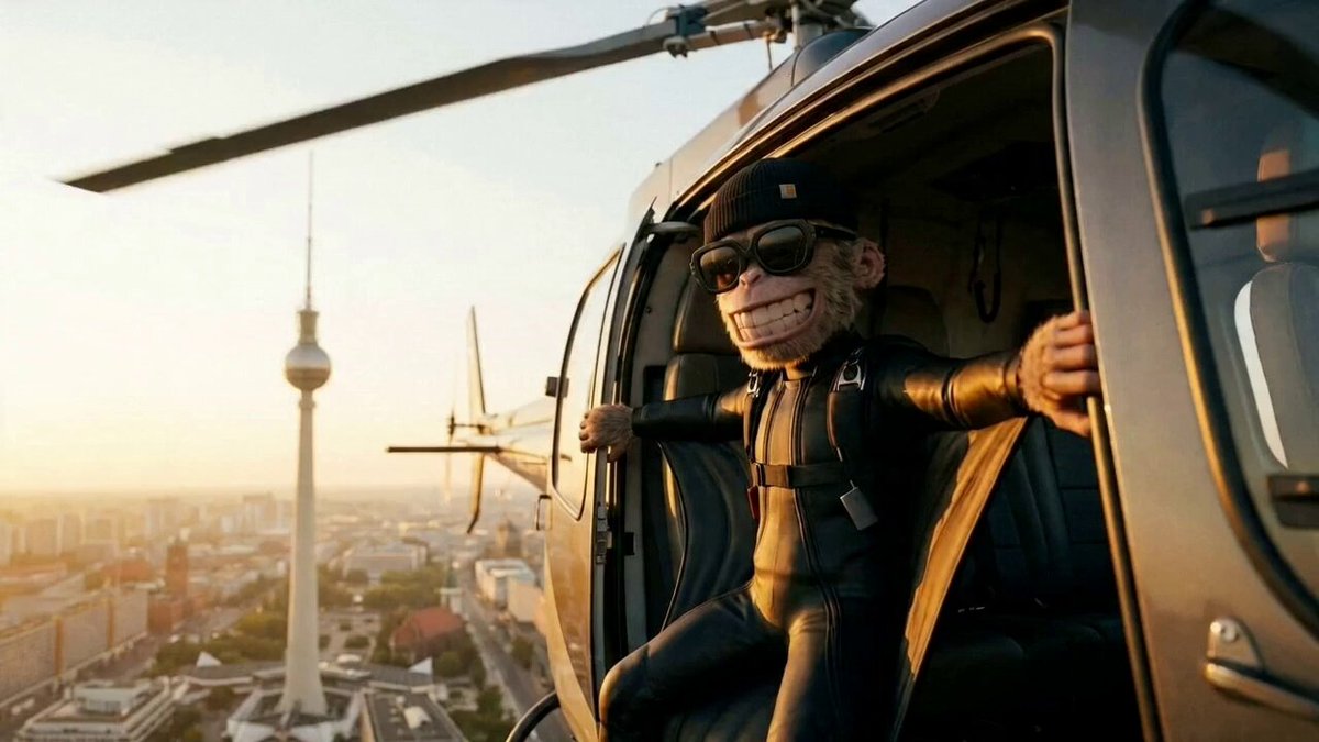 The image features a cartoon monkey wearing sunglasses, sitting inside a helicopter with its arms outstretched as if waving or greeting someone. The background of the photo shows a city skyline, including a tall tower that stands out against the sky. The caption at the bottom of the image reads "GM and a great start to the week! Get ready for the Solana Summit Germany See you in Berlin on Saturday (BERLINMAXXING)".