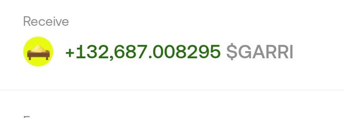 A cryptocurrency transaction screenshot showing a 'Receive' notification of '+132,687.008295 $GARRI' tokens.