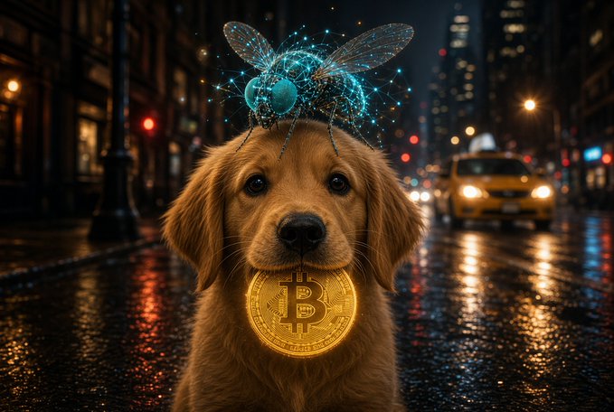 A digital artwork of a golden retriever puppy holding a glowing Bitcoin coin in its mouth, wearing a fantastical dragonfly-like crown made of blue energy, standing on a wet nighttime city street.