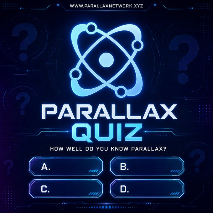 A neon-blue quiz graphic for "PARALLAX QUIZ" featuring an atom logo, the URL "WWW.PARALLAXNETWORK.XYZ," the prompt "How well do you know Parallax?", and four multiple-choice buttons labeled A–D, which frame a question about the Fuzzy Biometric Hash process.