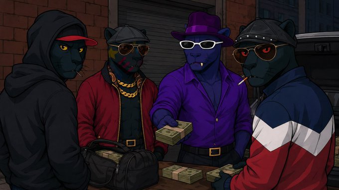 An animated illustration of four anthropomorphic black panthers in an alleyway, wearing streetwear and sunglasses, with one holding a stack of cash.