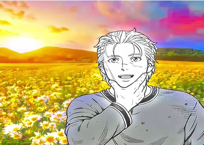 A line-art illustration of a smiling anime-style man resting his chin on his hand, set against a vibrant field of yellow flowers at sunset. The cheerful, optimistic image pairs with the celebratory post about wrapping up World Cup trading and encouraging a fresh start in the new week.