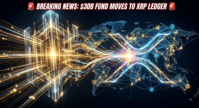 A dramatic 'BREAKING NEWS' graphic stating '$30B FUND MOVES TO XRP LEDGER' with a futuristic digital visualization of glowing light streams connecting buildings to a world map network.