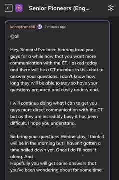 A screenshot of a Discord post by “kennyfrom86” in the “Senior Pioneers (Eng…)” channel, addressing @all about getting questions answered for Senior Pi Chat and mentioning “CT” quotes. It says questions will be answered Wednesday morning and urges members to prepare, including questions about Pi Dex, Tokens, GCV, and Dual Value.