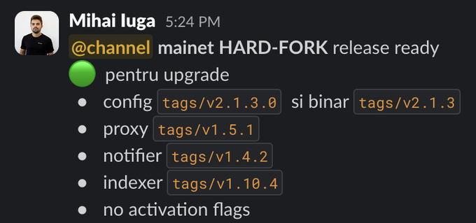 A Discord message from Mihai Iuga announcing that the mainet HARD-FORK release is ready for upgrade, listing version tags: config v2.1.3.0/binary v2.1.3, proxy v1.5.1, notifier v1.4.2, indexer v1.10.4, with no activation flags.