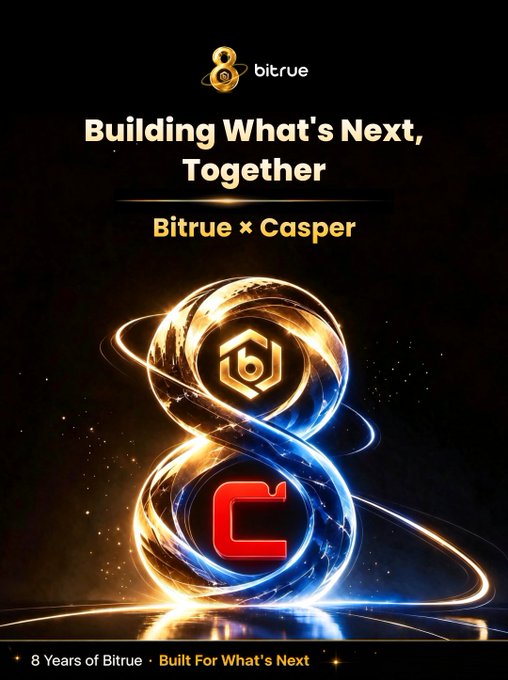 Bitrue celebrates 8 years with an infinity-loop graphic showcasing its partnership with Casper Network ($CSPR), titled "Building What's Next, Together" and featuring Bitrue's golden bee logo alongside the red Casper "C" emblem.