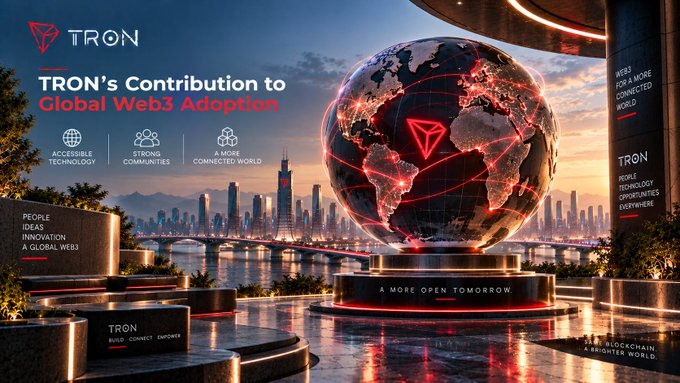 A promotional banner for TRON titled "TRON's Contribution to Global Web3 Adoption" featuring a glowing digital globe over a futuristic cityscape, highlighting key values like Accessible Technology, Strong Communities, and More Connected World.