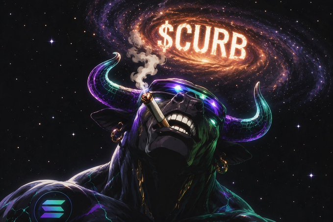 A digital art piece depicting a horned figure smoking a cigar with a cosmic galaxy forming the text '$CURB' in its smoke trails against a starry space background.