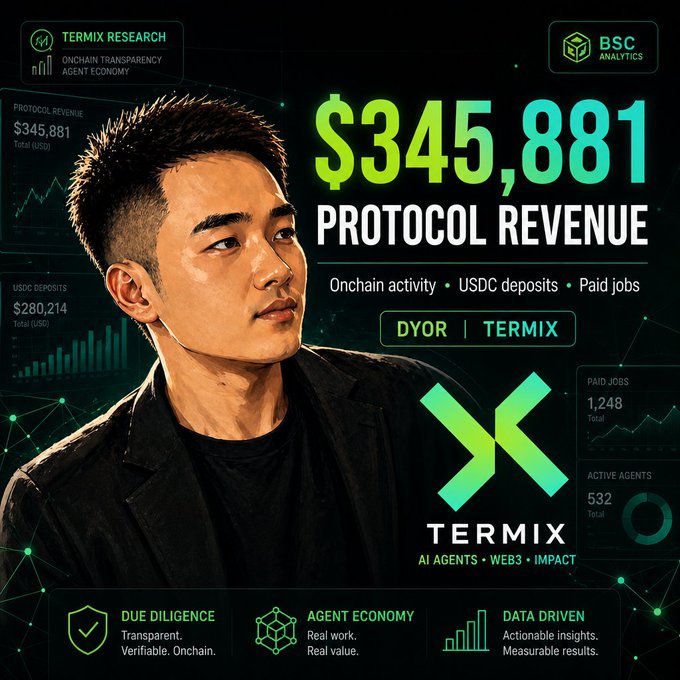 A promotional graphic for "TERMIX" featuring a man's portrait on the left and text highlighting "$345,881 PROTOCOL REVENUE" alongside charts and web3 statistics on a dark green background.