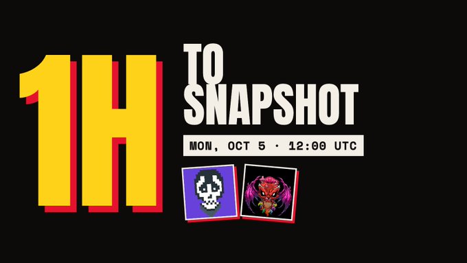 A graphic reading '1H TO SNAPSHOT' with the date 'MON, OCT 5 • 12:00 UTC' in large yellow and white text on a black background, featuring two small pixel-art style icons.