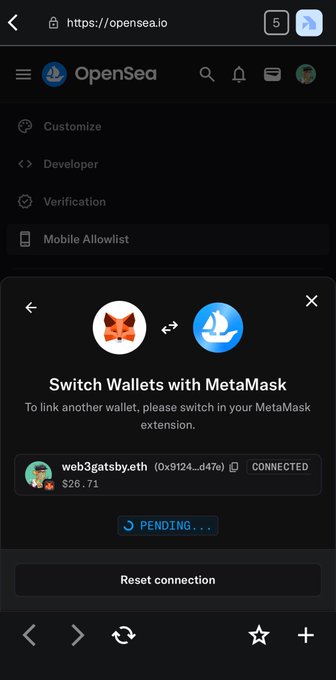 Mobile screenshot of OpenSea.io showing a 'Switch Wallets with MetaMask' dialog with a pending connection for the wallet 'web3gatsby.eth' ($26.71) being linked between MetaMask and OpenSea.