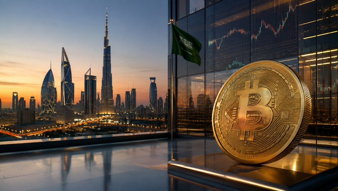 A digital illustration showing a large gold Bitcoin coin sitting on a windowsill overlooking the Dubai skyline at sunset, with a Saudi Arabian flag and stock market charts reflected in the glass.