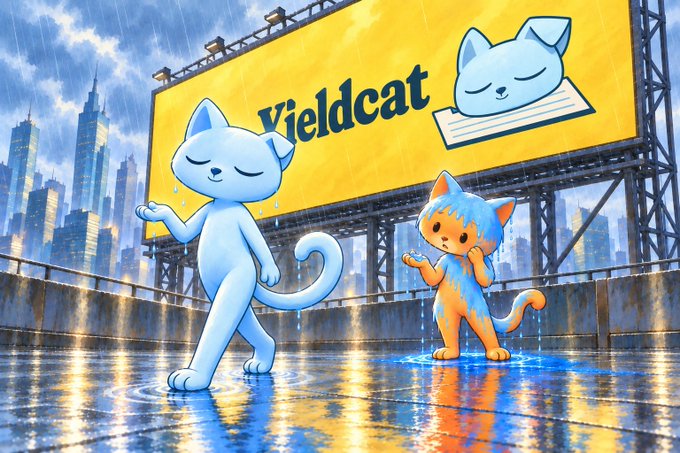 Two cartoon cats—a calm blue one and a wet orange one—stand on a rainy rooftop beneath a yellow "Yieldcat" billboard, while a worried orange cat mimics the blue cat's pose, visually illustrating the post's warning about "copycats" imitating the official Yieldcat project.