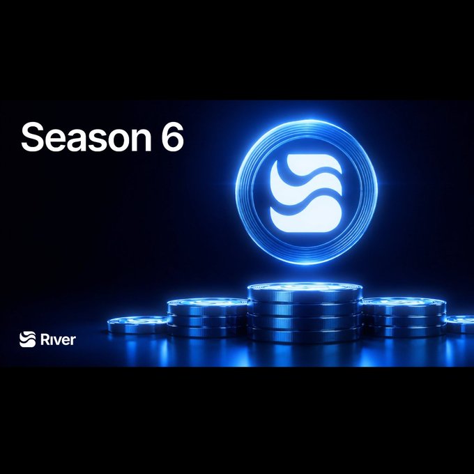 A digital graphic announcing "Season 6" for the platform "River," featuring a glowing blue circular logo above stacked coins against a dark background.
