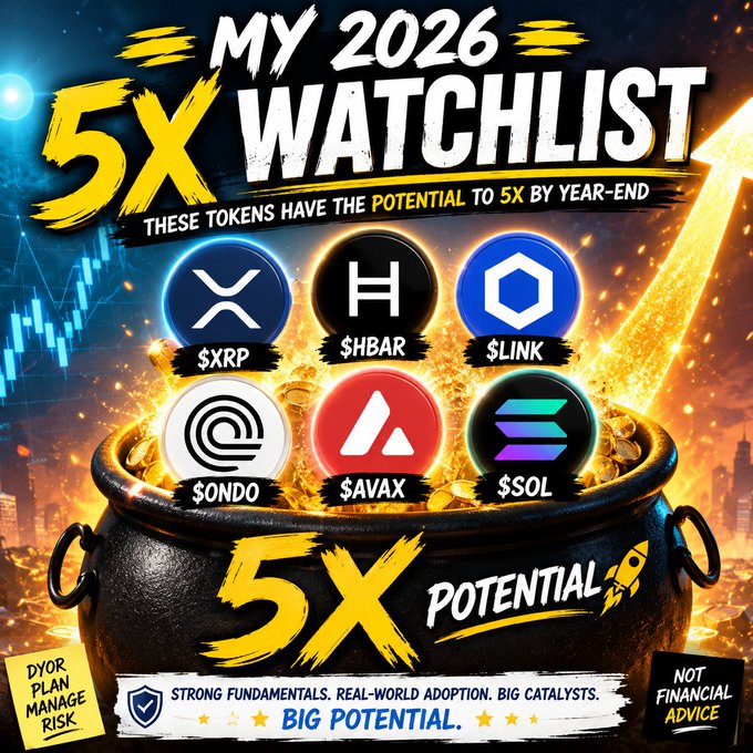 A promotional graphic titled 'MY 2026 5X WATCHLIST' showcasing six cryptocurrencies with 5x potential: $XRP, $HBAR, $LINK, $ONDO, $AVAX, and $SOL.