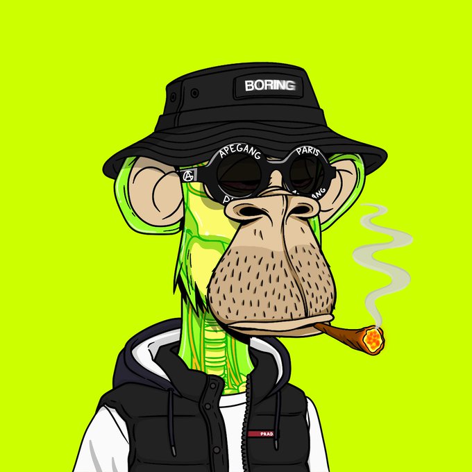 A digital illustration of a Bored Ape-style cartoon monkey wearing a black 'BORING' bucket hat, Balenciaga sunglasses, a Prada vest, and smoking a cigar with a blunt.