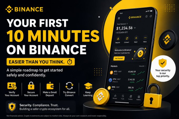 A Binance promotional graphic titled "Your First 10 Minutes on Binance - Easier Than You Think" displays a smartphone showing a balance of $1,234.56 BTC along with market data for BTC, ETH, and BNB, and outlines five steps—Verify Your Account, Secure Your Account, Make a Small Deposit, Try Binance Convert, and Keep Learning—to help beginners get started safely and confidently.